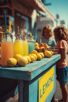 Two kids at a vibrant lemonade stand with fresh lemons and colorful drinks on a bright summer street. Perfect for childhood themes, small business ideas, and summer fun visuals