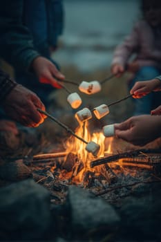 Family gathering roasting marshmallows by a warm campfire in the great outdoors. Ideal for illustrating camping trips, family bonding, evening relaxation, or nature-themed adventures