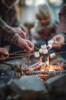 Cozy family roasting marshmallows together over a glowing campfire in nature. Ideal for depicting warmth, family bonding, outdoor traditions, rustic lifestyle, and autumn evenings