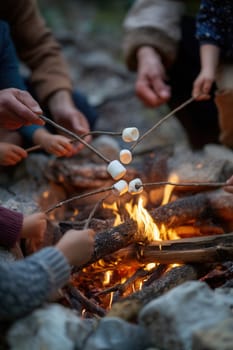 Children roasting marshmallows over an open campfire. A heartwarming outdoor scene perfect for portraying camping, family time, autumn evenings, and cozy childhood memories in nature