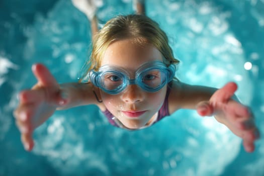 Young girl swimming underwater in a bright blue pool wearing goggles. Great for summer visuals, childhood joy, water activity, family holidays, and energetic lifestyle content