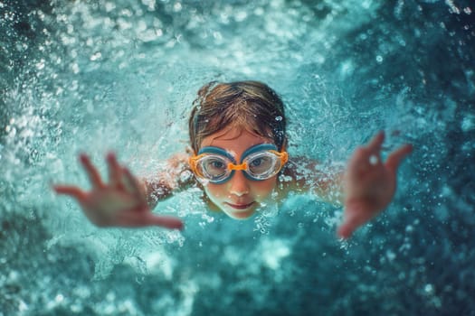 A young boy wearing orange goggles swims underwater in a bright turquoise pool. Ideal for summer visuals, childhood moments, sports concepts, aquatic activities, and fun lifestyle projects