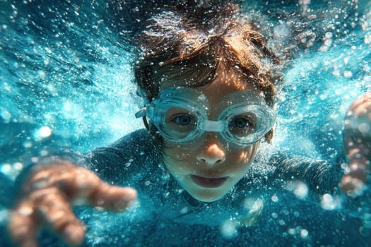 A young boy swims underwater wearing clear goggles in a bright blue pool. Perfect for summer activities, childhood fun, water sports, vacation vibes, and lifestyle concepts