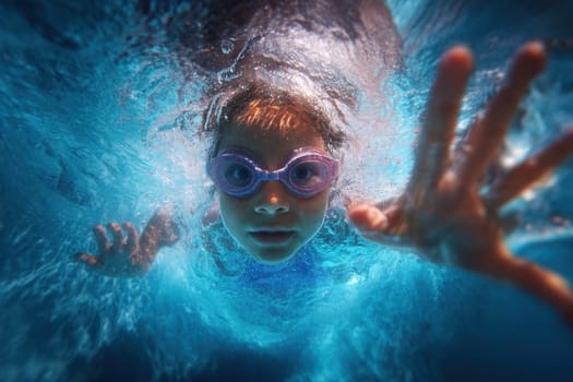 Child swimming underwater in a bright blue pool wearing goggles. Great for summer concepts, sport, family activities, and dynamic visuals of childhood energy and motion