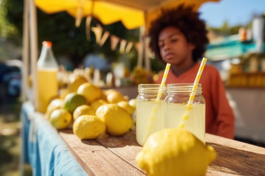 A young boy at a colorful lemonade stand with fresh lemons and glass jars in the sunlight. Perfect for summer lifestyle visuals, small business promotions, and childhood storytelling