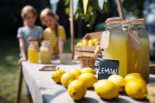Two girls at an outdoor lemonade stand with bottled juice and ripe lemons on a sunny day. Great for themes of childhood fun, summer traditions, and small entrepreneurial spirit