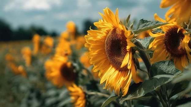 Sunflowers in full bloom on a sunny summer day. This vivid close-up of a sunflower field is ideal for nature lovers, seasonal backgrounds, wellness visuals, or floral-themed projects