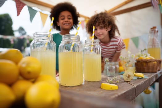 Two smiling kids behind a homemade lemonade stand with bright jars of fresh juice and whole lemons. Perfect for visuals about summer fun, small business, childhood, and outdoor events