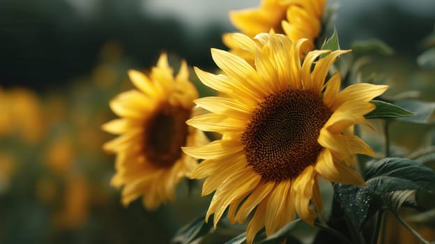 Close-up of a sunflower covered in morning dew, set against a blurred green field. Ideal for eco-friendly visuals, seasonal promotions, floral prints, and nature-inspired content