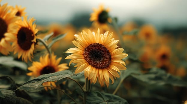 Vibrant sunflower blooming under summer light in a lush green field. Great for eco-friendly designs, floral advertising, seasonal content, and natural-themed visuals