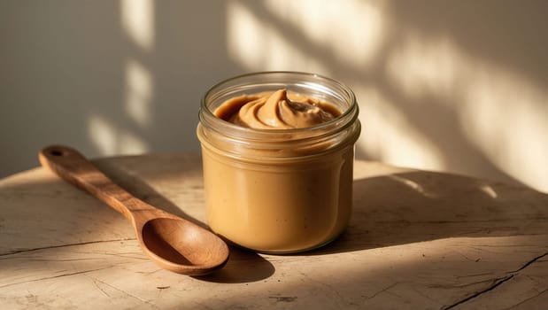A jar of peanut butter is open on a wooden table, with a wooden spoon resting nearby. The creamy peanut butter fills the jar halfway, against a warm, neutral background.