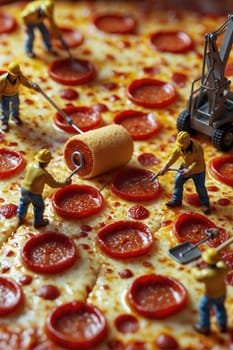 A vibrant scene depicting tiny construction workers actively crafting a pizza. They use tools like rollers and shovels, showcasing teamwork and creativity in this whimsical culinary project.