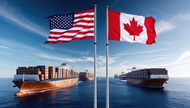 Container ship in the ocean with the American and Canadian flags waving. Tariffs concept.