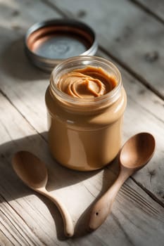 A half-full jar of peanut butter sits on a rustic wooden table. There is a wooden spoon resting on the table next to the jar. The background is a warm, natural wood color.