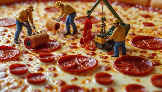 Three tiny construction workers in hard hats work on a giant pizza. One uses a jackhammer on pepperoni, another flattens cheese with a roller, while the third lifts red peppers with a crane.