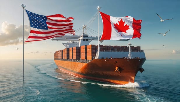 A large container ship sailing across the ocean with American and Canadian flags proudly flying. Tariffs concept.