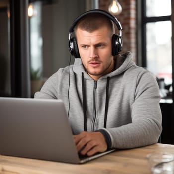 Young man in headphones using laptop while sitting at the table in cafe (ID: 001635)