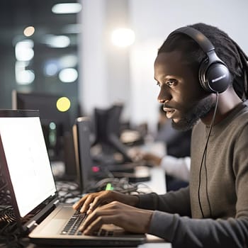 African American man in headphones working on laptop at night in office (ID: 001640)