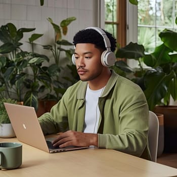 Thoughtful African American man in headphones using laptop at home (ID: 001642)