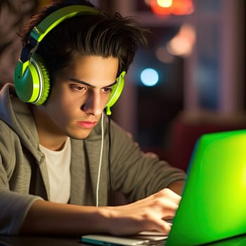 Portrait of young man with headphones and laptop in the evening (ID: 001636)