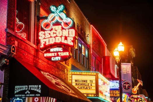 October 13, 2023, Nashville, TN: Famous neon signs on Broadway Street in downtown Nashville at night