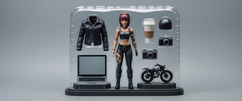 A woman action figure in a black leather jacket and jeans stands before a gray background, holding a coffee cup and camera, with a motorcycle, laptop, and helmet beside her.