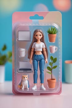A young woman with long brown hair stands in front of a blue background. She wears a white crop top and blue jeans, holding a laptop and coffee cup, while a cute cat sits beside her.