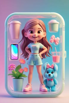 A vibrant 3D illustration of a cheerful brunette girl holding a blue teddy bear dog in a transparent phone case. She wears a white shirt, blue shorts, and pink sneakers against a pink-blue gradient.