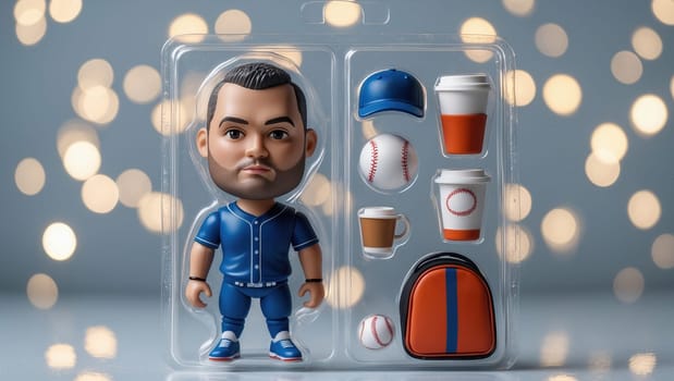 A figurine of a baseball player standing on a green field. The figurine is wearing a blue uniform and has a beard. The figurine is in a clear case with a bat, ball, glove, and cup.