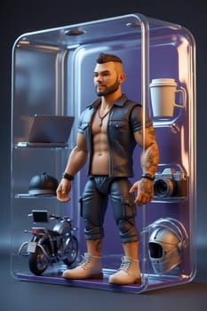 A detailed image of a bearded man action figure with tattoos and piercings. He wears a black leather vest, jeans, and boots, holding a laptop, camera, and motorcycle helmet in a plastic case.