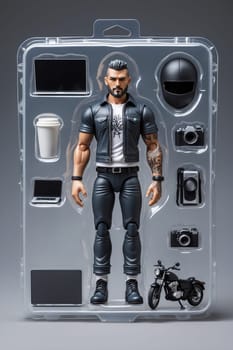 A stylish bearded man in a black leather jacket adorned with tattoos is holding a camera. He is dressed in blue jeans and black boots, standing confidently in front of a solid gray background.