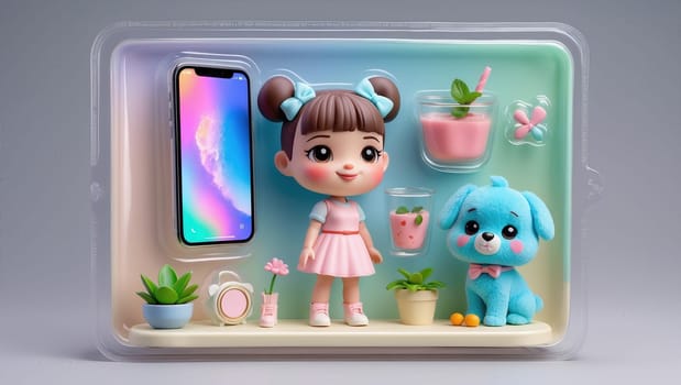 An adorable girl with a bright smile stands beside a loyal blue puppy. They are surrounded by vibrant summer elements, including a tropical drink and lush greenery under a bright blue sky.