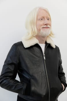 This image features a man with long blonde hair and a beard, dressed in a stylish black leather jacket with a fur collar, standing against a simple white backdrop The clean lines and soft colors highlight his facial features and create a modern, sophisticated look