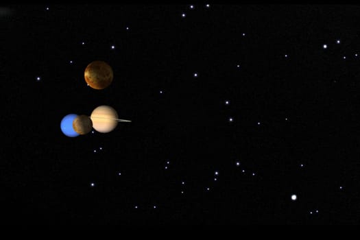 This image depicts a stunning view of outer space, featuring several planets and numerous stars. The planets are shown in close proximity to each other, with distinct colors and textures. The background is filled with a multitude of stars, creating a captivating and serene cosmic scene. Ideal for educational, scientific, and artistic purposes.