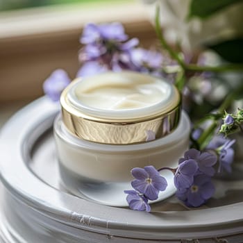 Cosmetic cream in a glass jar. Skin care concept. Background for beauty products