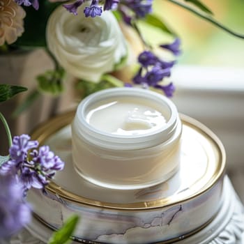 Cosmetic cream in a glass jar. Skin care concept. Background for beauty products