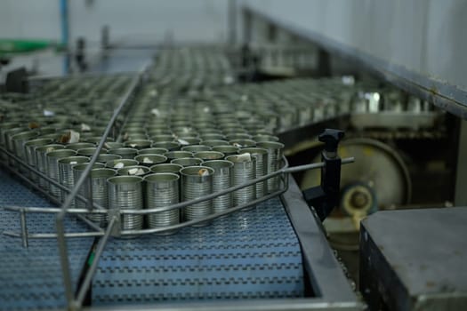 Conveyor belt is filled with cans of food moving along a line.