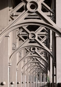 Newcastle, UK - Apr 11, 2025 - Perspective of Structural steel design of The High level bridge (Victorian metalwork) is a road and railway bridge spanning the River Tyne connecting Newcastle upon tyne and Gateshead in North East England. use it as your Wallpaper, Poster and Space for text, Selective focus.