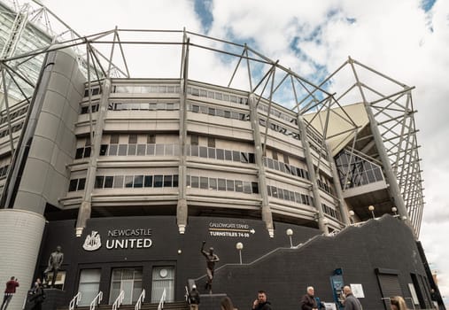 Newcastle, UK - Apr 13, 2025 - Architecture exterior view of St James' Park stadium is home to stadium of Newcastle United soccer club. use it as your Wallpaper, Poster and Space for text, Selective focus.