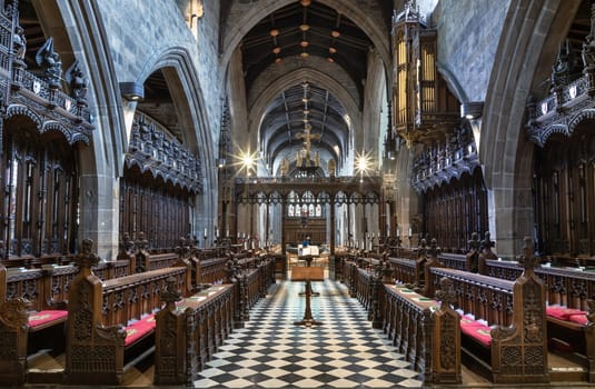 Newcastle, UK - Apr 12, 2025 - Architecture interior view of Newcastle Cathedral (Cathedral Church of St Nicholas). use it as your Wallpaper, Poster and Space for text, Selective focus.