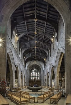 Newcastle, UK - Apr 12, 2025 - Architecture interior view of Newcastle Cathedral (Cathedral Church of St Nicholas). use it as your Wallpaper, Poster and Space for text, Selective focus.