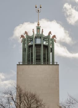 Newcastle, UK - Apr 14, 2025 - Architecture Exterior of The carillon or Bell tower with 12 large and 8 small seahorses at The Newcastle Civic Centre of Newcastle Upon Tyne. use it as your Wallpaper, Poster and Space for text, Selective focus.