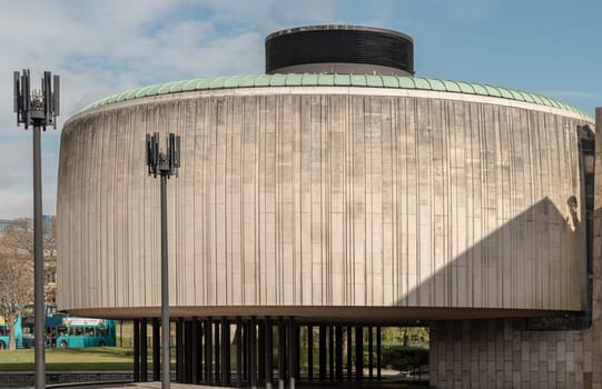 Newcastle, UK - Apr 14, 2025 - Textures and patterns on concrete rotunda cladding of council chamber at Newcastle Civic Centre Building. is the main administrative centre for Newcastle City Council, use it as your Wallpaper, Poster and Space for text, Selective focus.