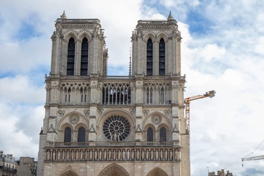 Paris, France - February 22nd 2025 : The Notre-Dame de Paris, newly re-opened cathedral restored after reconstruction, details of exterior