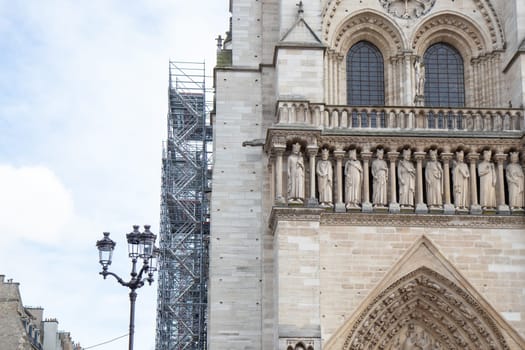 Paris, France - February 22nd 2025 : The Notre-Dame de Paris, newly re-opened cathedral restored after reconstruction, details of exterior