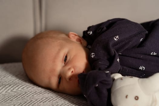 A baby is comfortably lying on a soft blanket indoors, gently grasping a toy with a curious expression, illuminated by soft afternoon light.