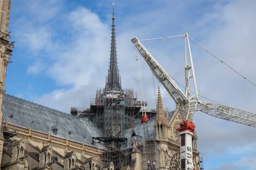 Paris, France - February 22nd 2025 : The Notre-Dame de Paris, newly re-opened cathedral restored after reconstruction, details of exterior