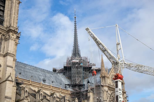 Paris, France - February 22nd 2025 : The Notre-Dame de Paris, newly re-opened cathedral restored after reconstruction, details of exterior