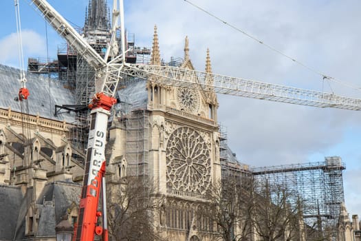 Paris, France - February 22nd 2025 : The Notre-Dame de Paris, newly re-opened cathedral restored after reconstruction, details of exterior