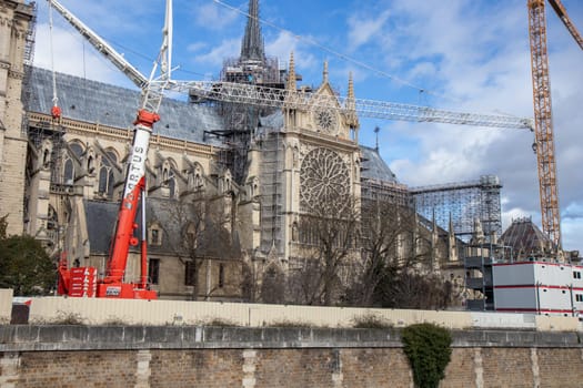 Paris, France - February 22nd 2025 : The Notre-Dame de Paris, newly re-opened cathedral restored after reconstruction, details of exterior